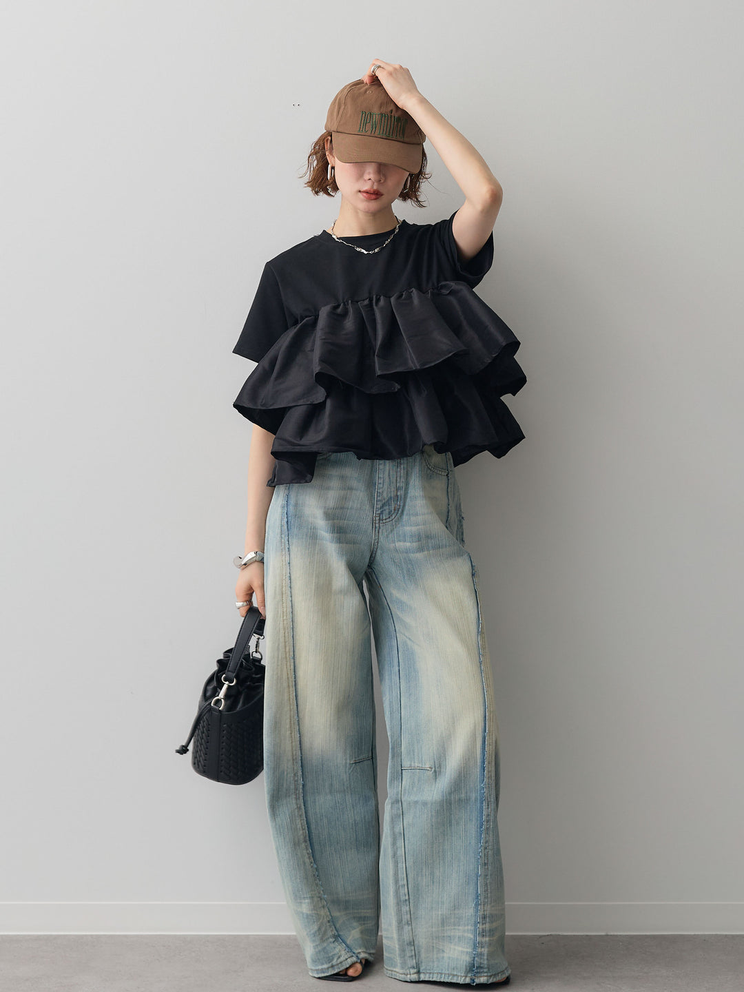 [SET]フリルティアードTEE+縦ウォッシュワイドデニムパンツ(2set)