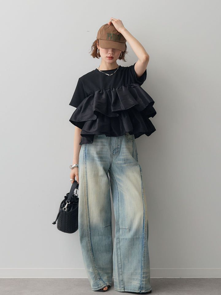 [SET]フリルティアードTEE+縦ウォッシュワイドデニムパンツ(2set)