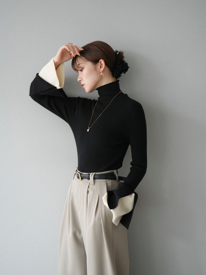 [SET] 疊層喇叭袖高領針織上衣 + 雙褶寬褲 (2 套)