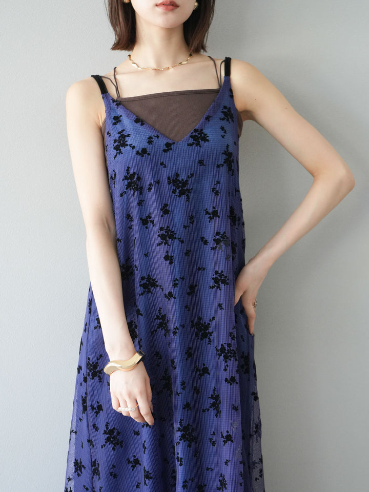 [SET]フロッキーチュールレイヤードベロアキャミワンピース+カップ付きバッククロスキャミソール(2set)