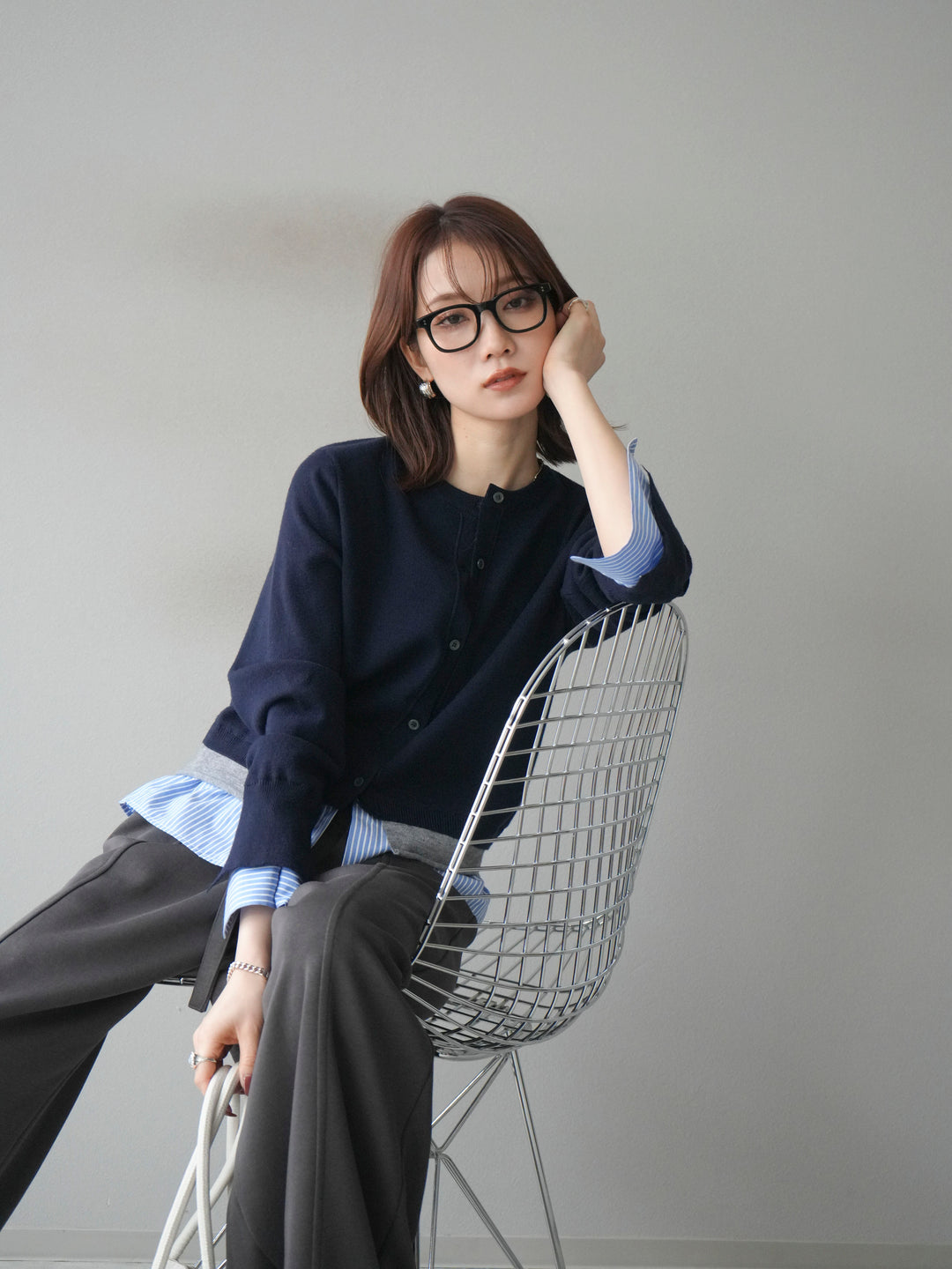 [予約]シャツ襟レイヤードニットカーディガン/navy