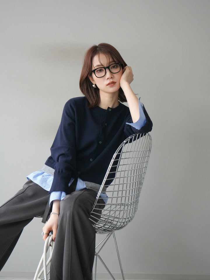 [予約]シャツ襟レイヤードニットカーディガン/navy