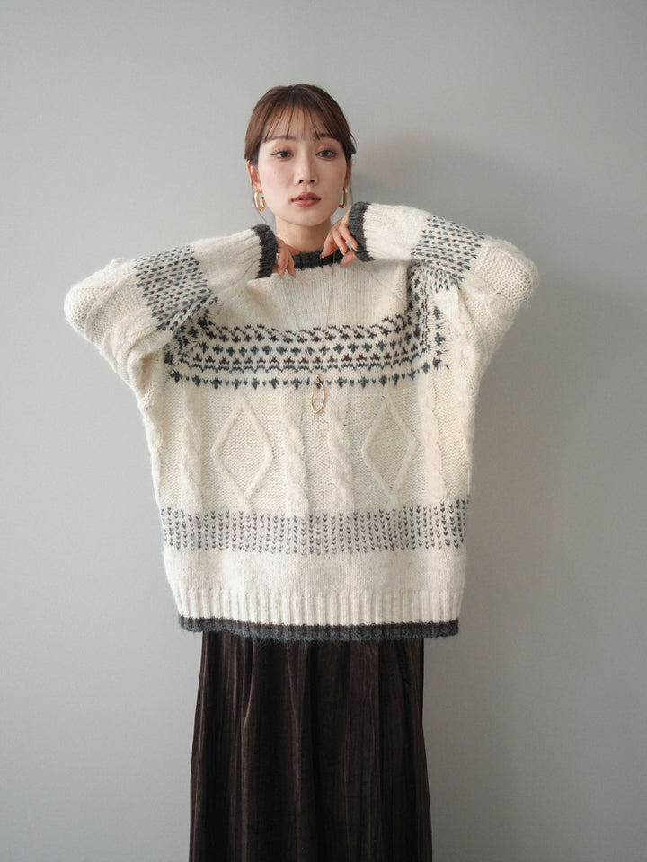 [予約]裾配色ノルディック柄ニットプルオーバー/White