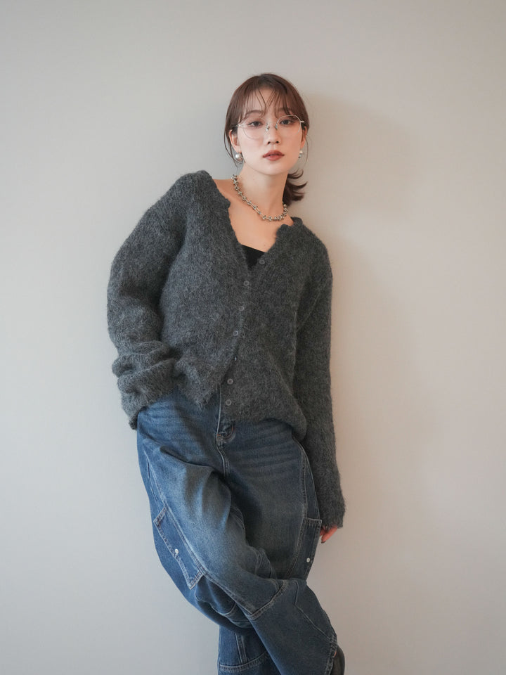 [予約]キーネックシャギーニットカーディガン/gray