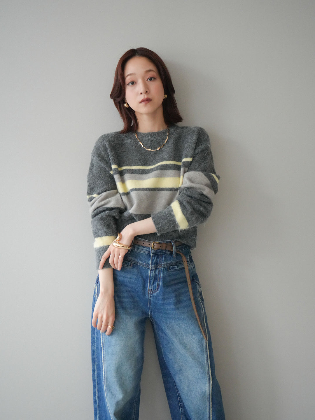 [SET]ソフトタッチボーダークロップドニットプルオーバー+サイドフリンジワイドデニムパンツ(2set)