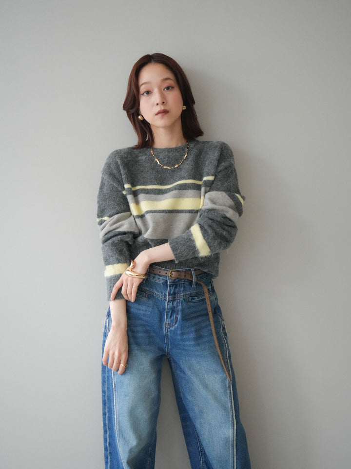 [SET]ソフトタッチボーダークロップドニットプルオーバー+サイドフリンジワイドデニムパンツ(2set)