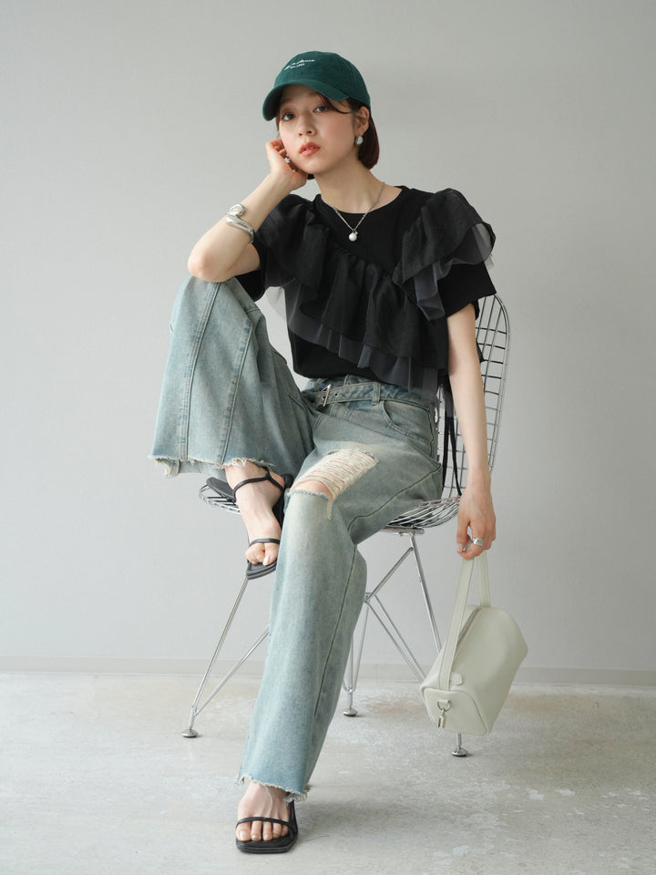 [予約]アシメフリルドッキングカットソー/ブラック