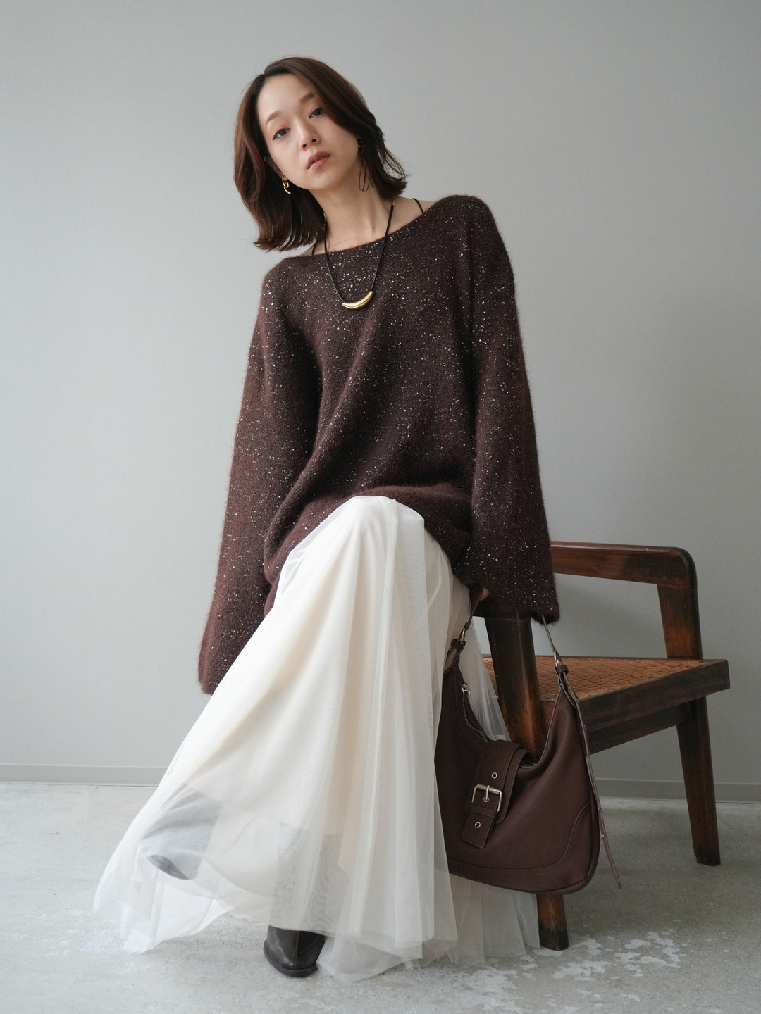 [予約]スパンコールミニシャギーニットチュニック/brown