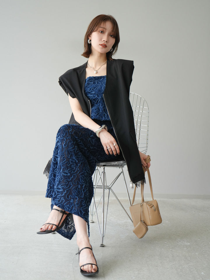 [預購] 雙拉鍊蕾絲下擺背心/黑色