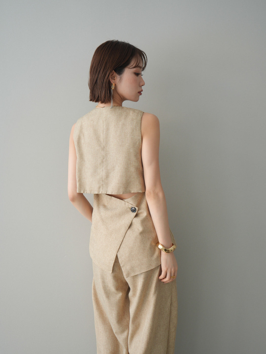 [SET]リネンライクバックオープンジレ+リネンライクタックワイドパンツ(2set)