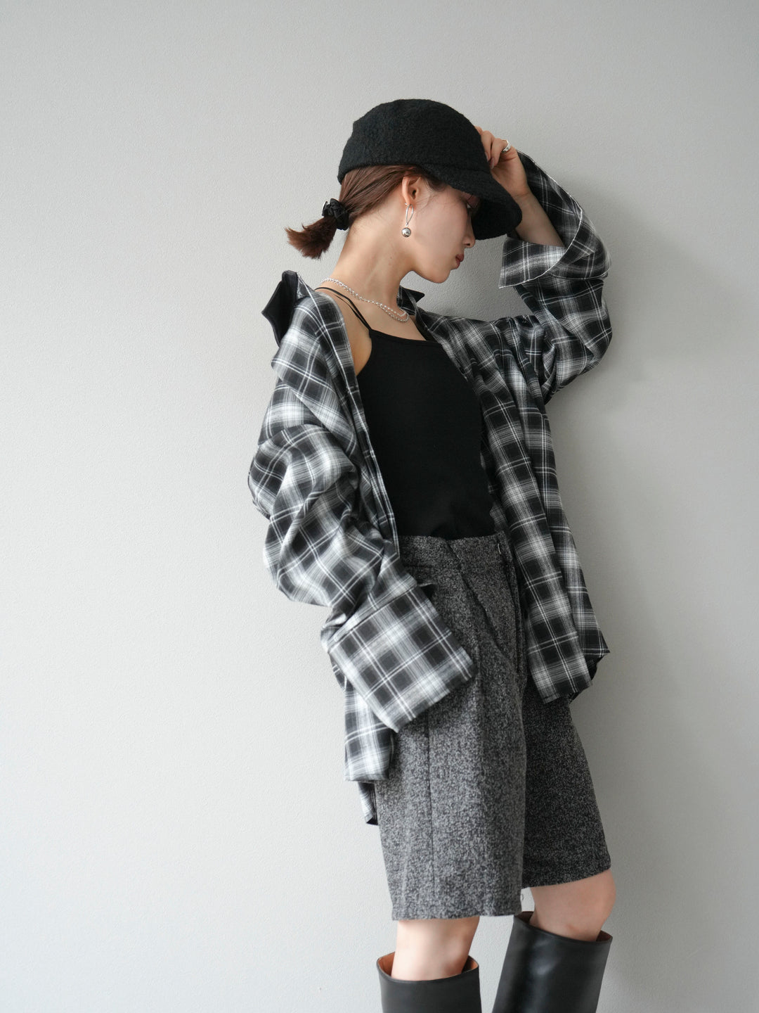 【着回しセット】[SET]レザー襟オンブレチェックオーバーシャツ +クラッシュベロアナロースカート+ツイードハーフパンツ(3set)