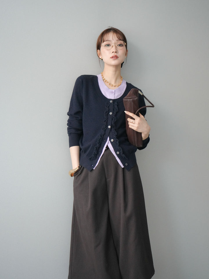 [予約]配色レイヤードフリルデザインニットカーディガン/black