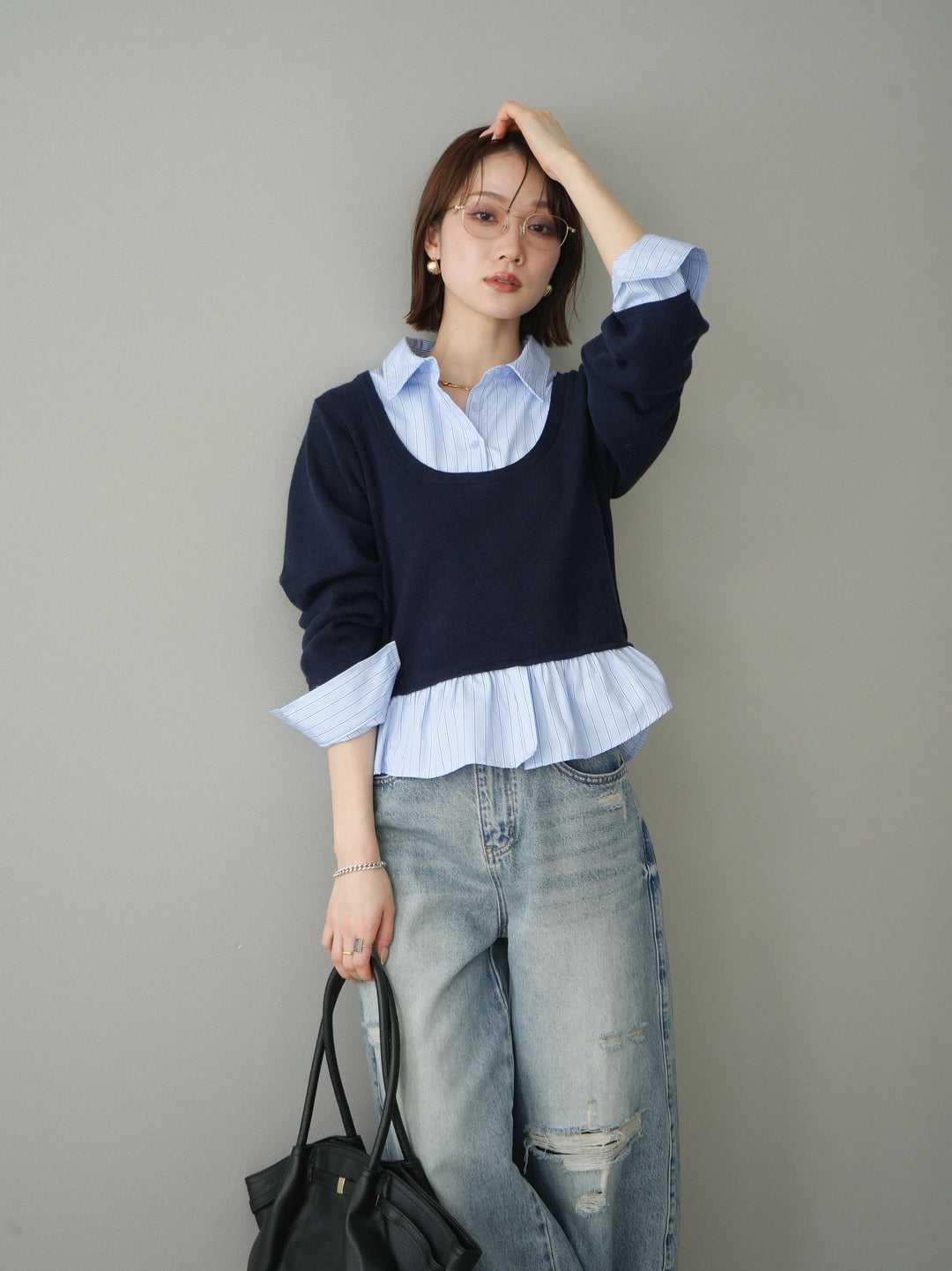 [予約]ストライプシャツUネックドッキングニットプルオーバー/navybluestripeB