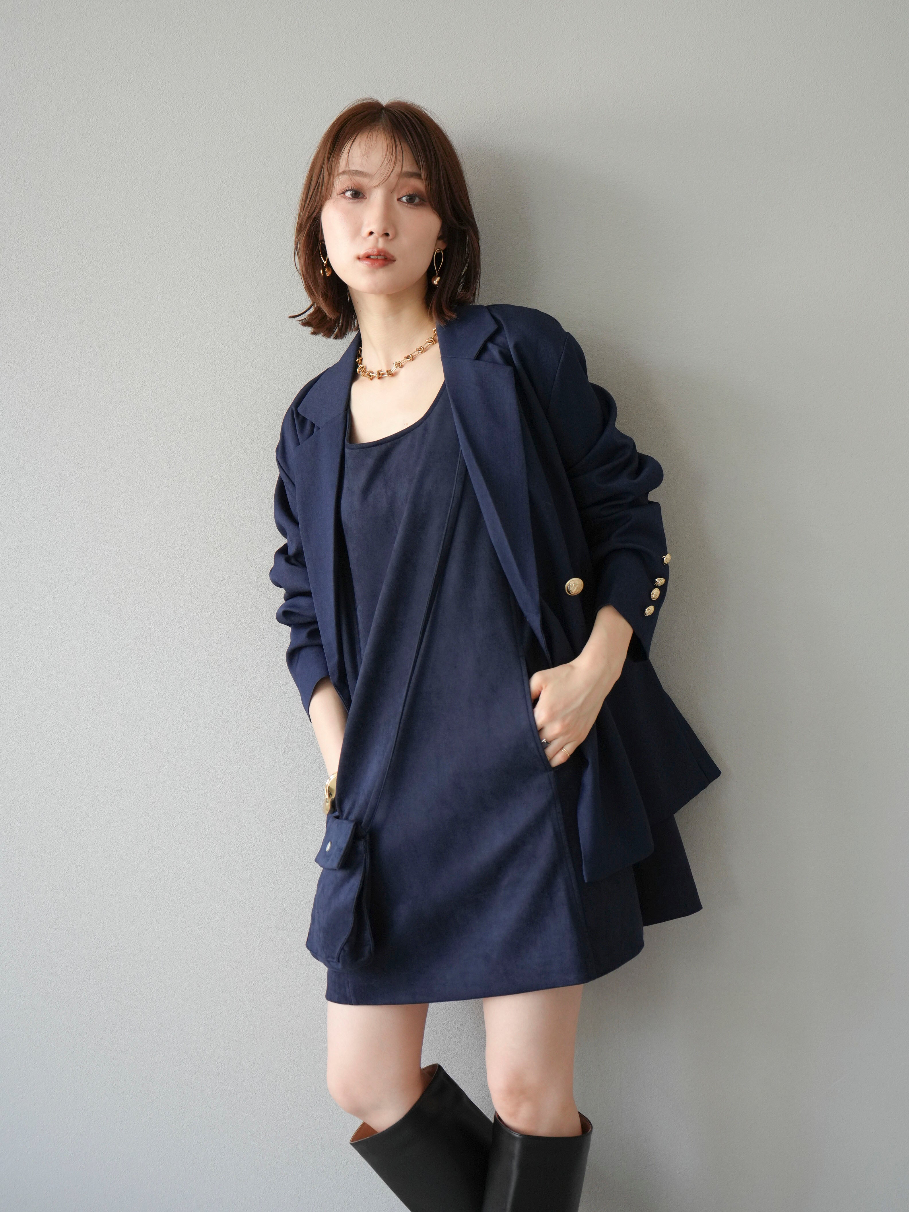 SET]ゴールドボタンツイルダブルテーラードジャケット+ショルダー