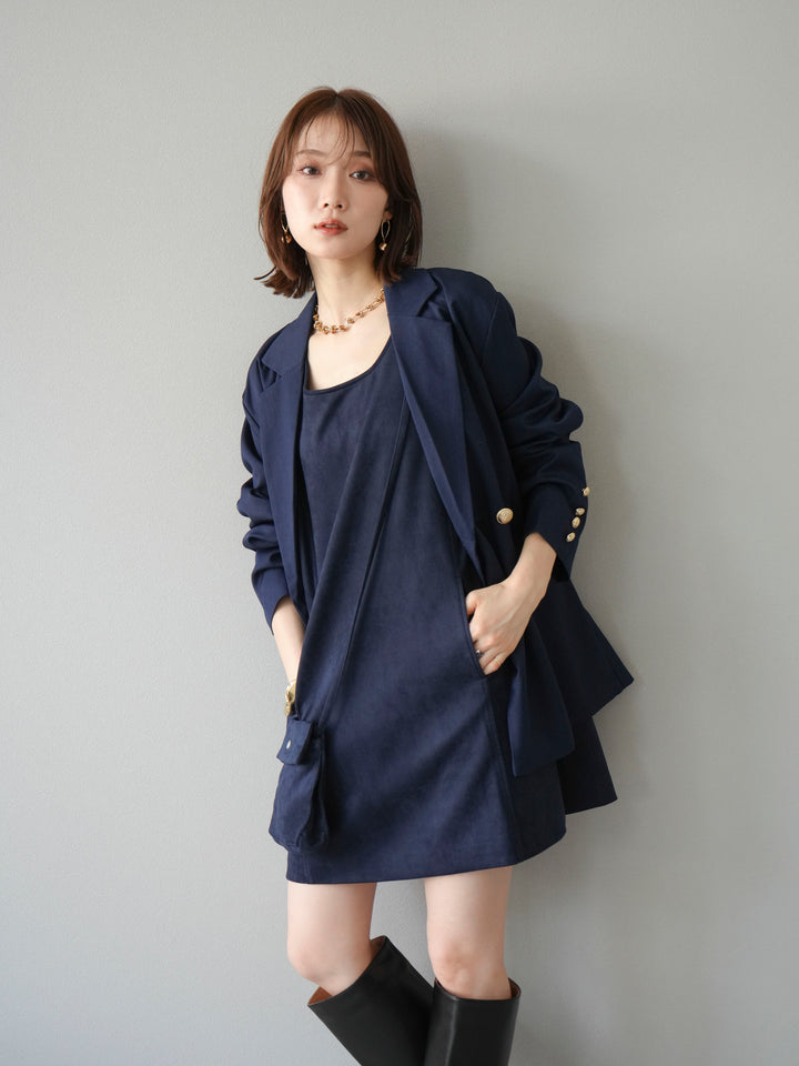 [SET]ゴールドボタンツイルダブルテーラードジャケット+ショルダーポーチ付スウェードミニワンピース(2set)
