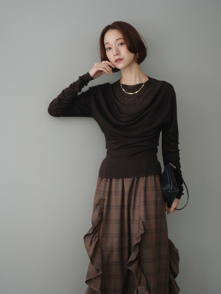 [予約]ボトルネックドレープレイヤードニットトップス/brown