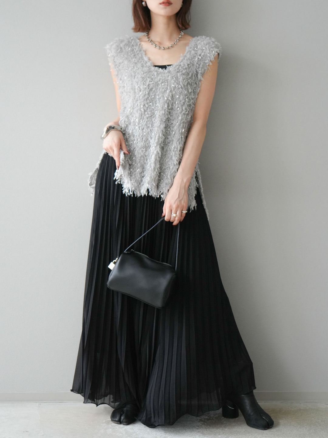 [予約]シフォンプリーツパイピングスカート/ブラック