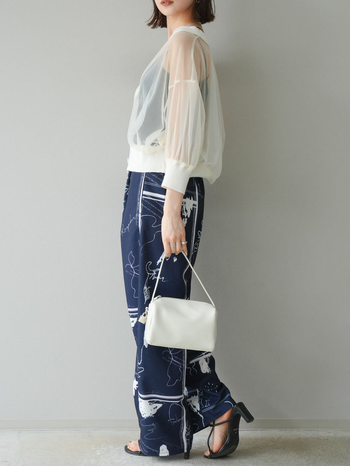 [SET] 透視半袖褶皺開襟衫 + 彩繪圖案褶襉褲 (2set)