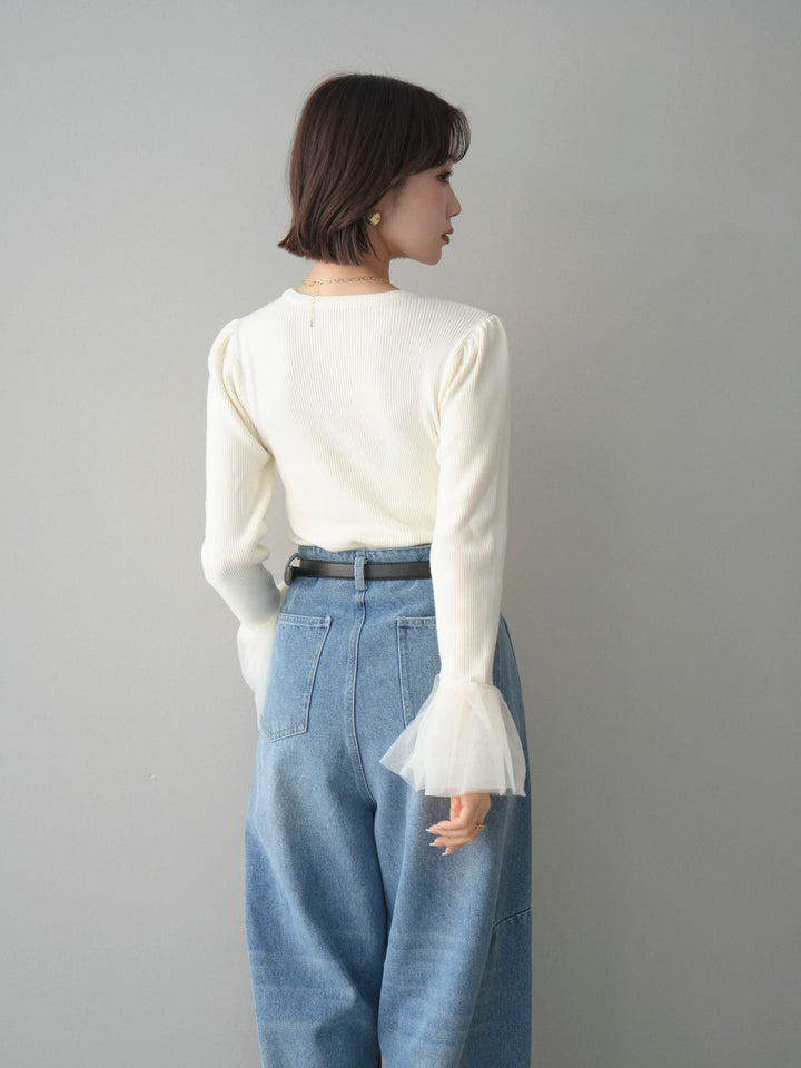 [SET]袖チュールパワショルリブニットトップス+ハイウエストベルトループデザインデニムパンツ(2set)
