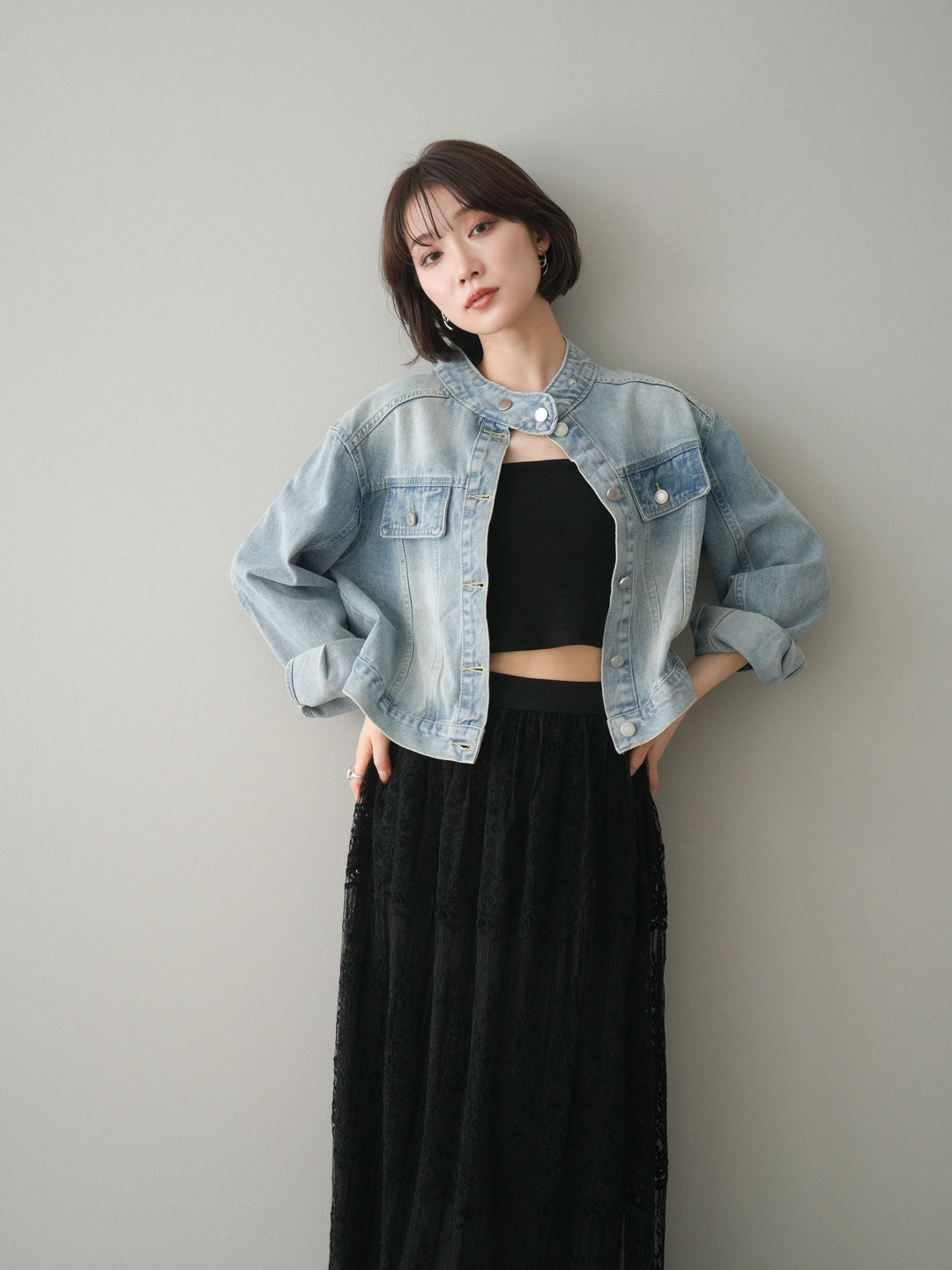 [予約]スタンドカラーコンパクトデニムジャケット/lightblue