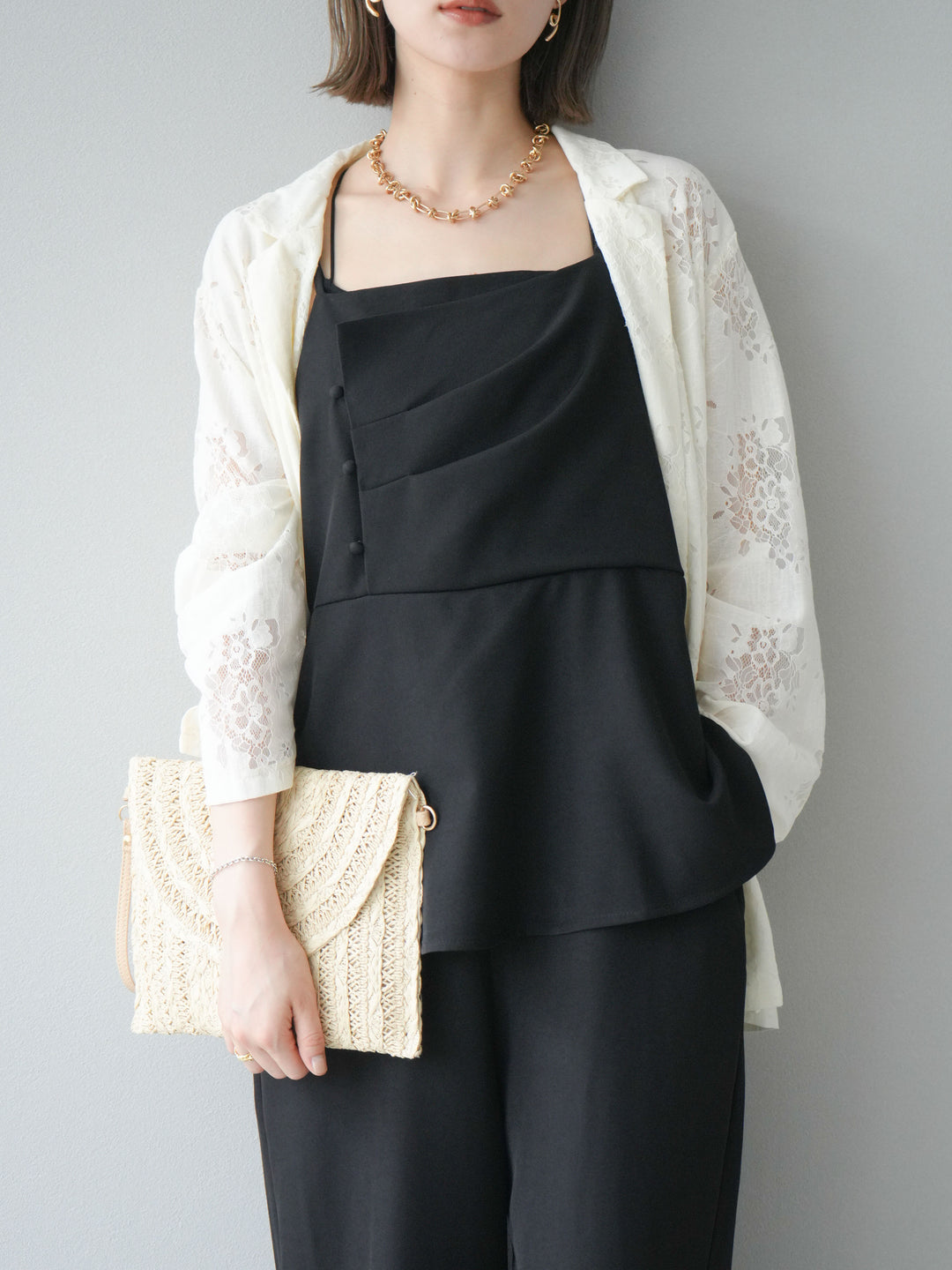 [預購] 亞麻觸感多層吊帶連身衣/黑色