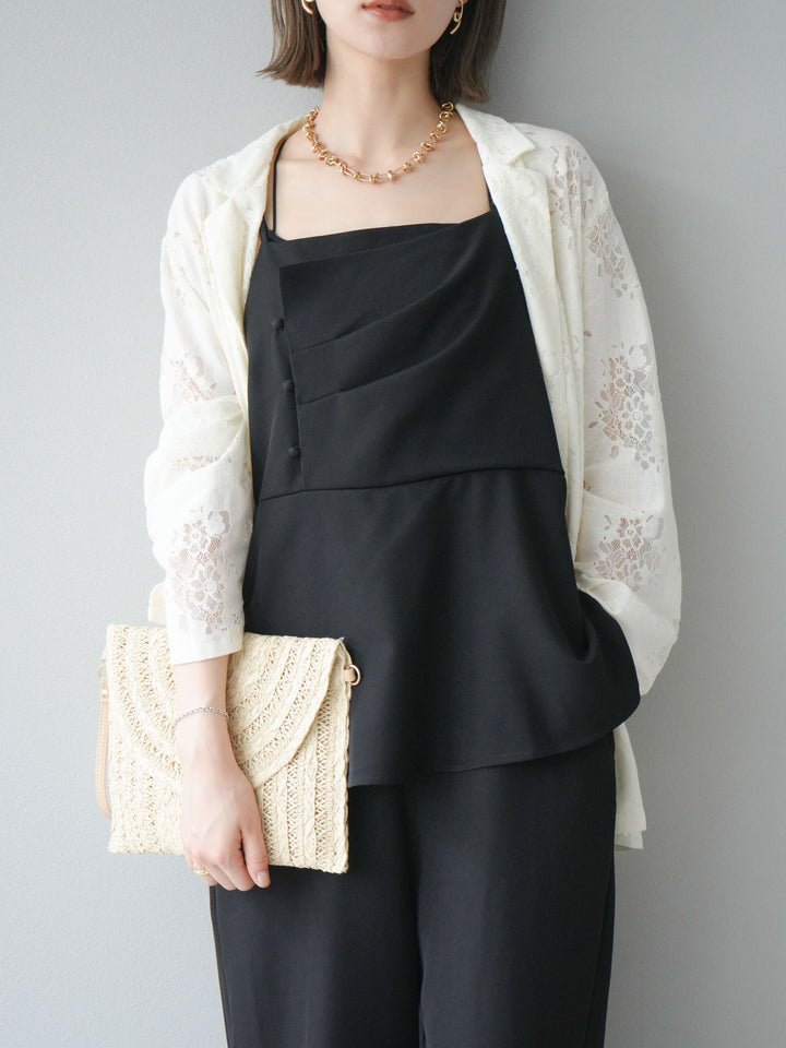 [預購] 亞麻觸感多層吊帶連身衣/黑色