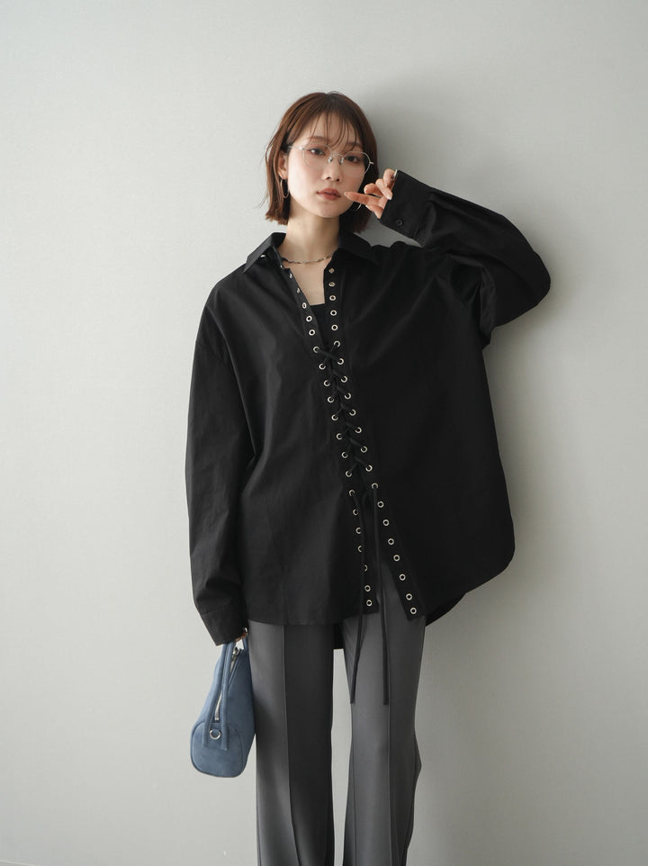 [SET]レースアップブロードシャツ+センターシームフレアパンツ(2set)