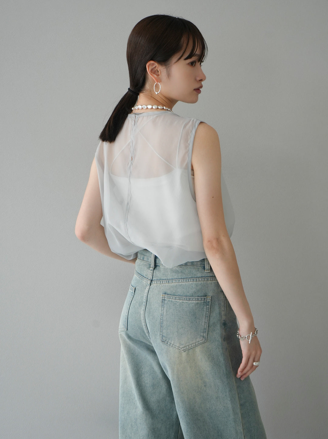 [SET] Organdy sleeveless top + belt asymmetrical damaged denim (2set)