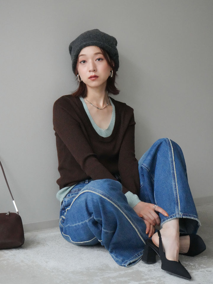 [SET]Uネック配色レイヤードリブニットトップス+サイドフリンジワイドデニムパンツ(2set)