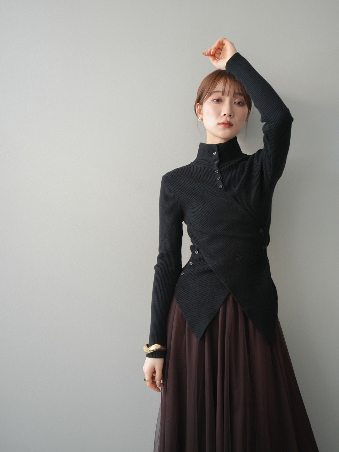 [予約]クロスデザインボトルネックリブニットトップス/black