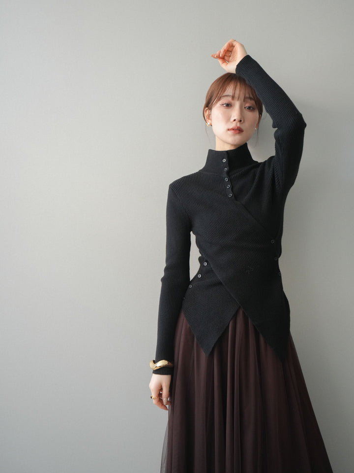 [予約]クロスデザインボトルネックリブニットトップス/black