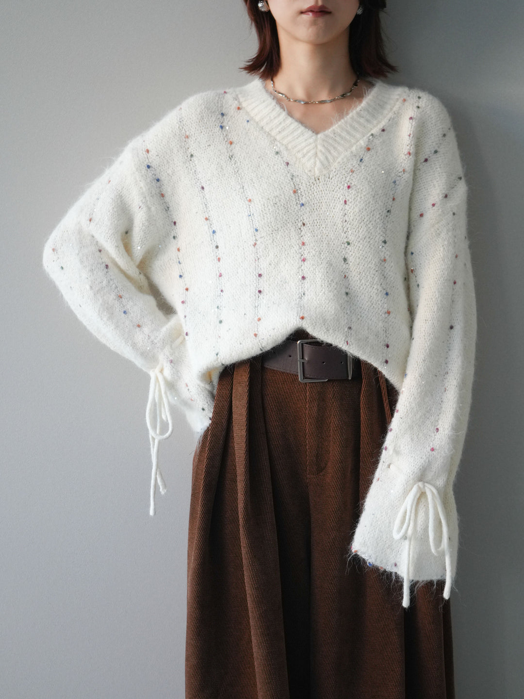 [SET]キャンディースリーブカラーネップスパンコールニットプルオーバー+ベルトデザインループコールテンワイドパンツ(ベルト付き)(2set)