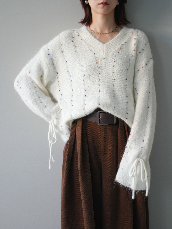 [SET]キャンディースリーブカラーネップスパンコールニットプルオーバー+ベルトデザインループコールテンワイドパンツ(ベルト付き)(2set)