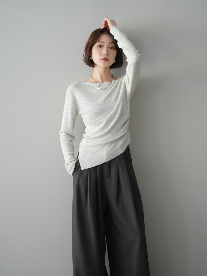 [予約]ラインストーンアシンメトリーニットトップス/gray