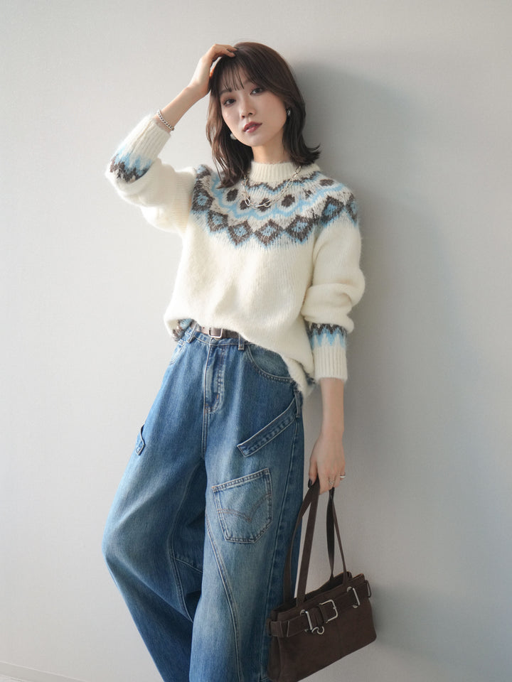 [SET]ソフトタッチ求心柄ニットプルオーバー+ペインターカーブデニムパンツ(2set)