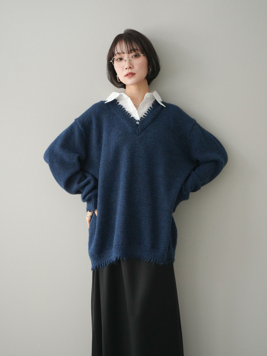 [予約]シャツドッキングVネックフリンジニットプルオーバー/navy