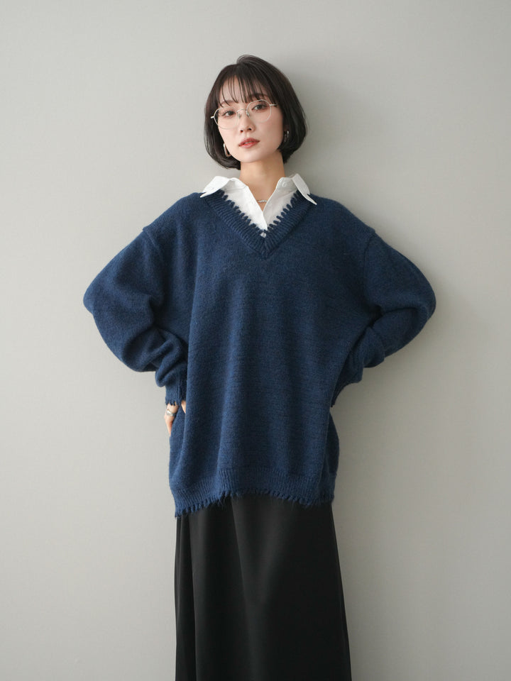 [予約]シャツドッキングVネックフリンジニットプルオーバー/navy