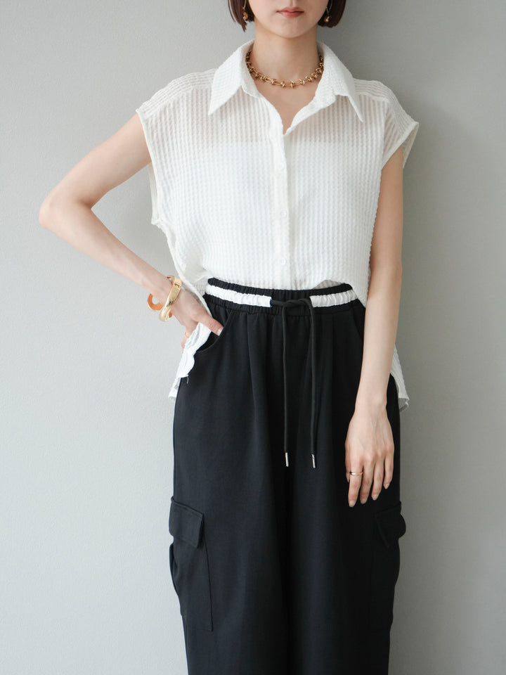 [SET]シアーチェックノースリーブシャツ+ウエストラインサイドポケットスウェットパンツ(2set)