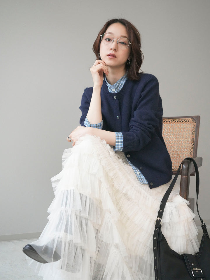 [予約]チェックシャツレイヤードデザインニットカーディガン/navy