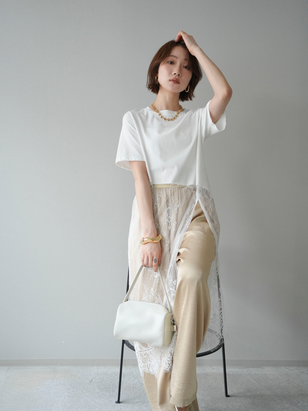 [SET]レースドッキングレイヤードワンピースTEE+とろみサテンイージーパンツ(2set)