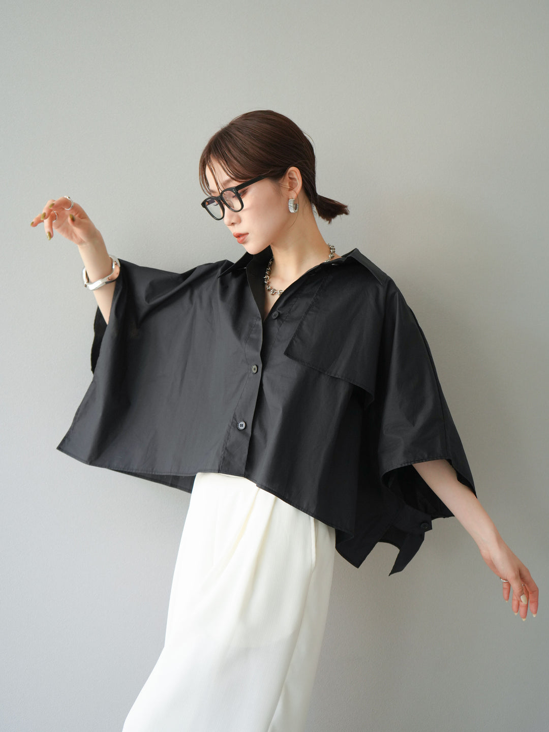 [予約]ポンチョショートシャツ/ブラック