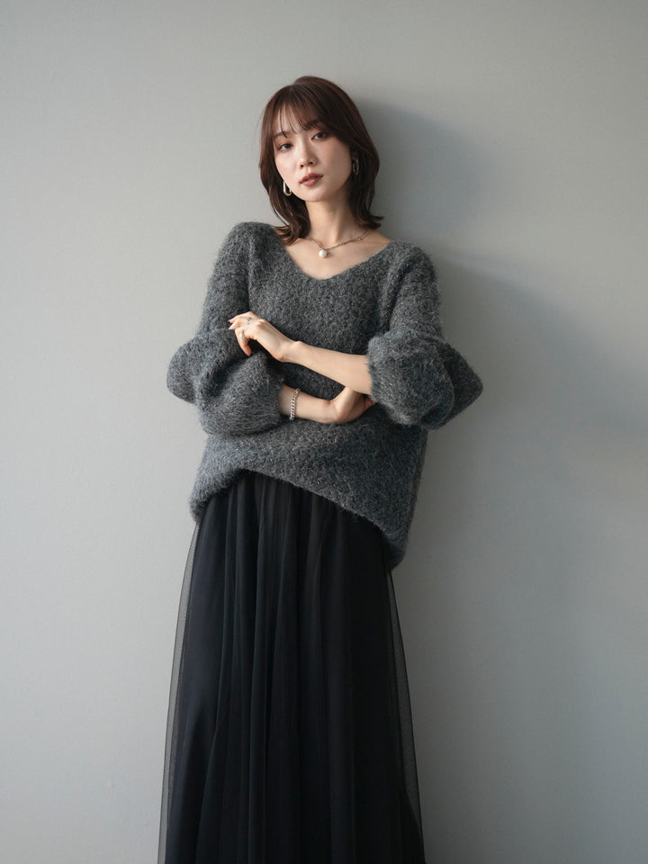 [SET]ウールタッチラメミックスヤーンVネックニットプルオーバー+チュールボリュームスカート(2set)