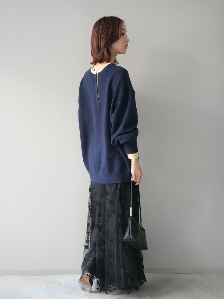 [SET]ヘンリーネック配色レイヤードニットプルオーバー+フラワーフロッキーチュールプリーツスカート(2set)