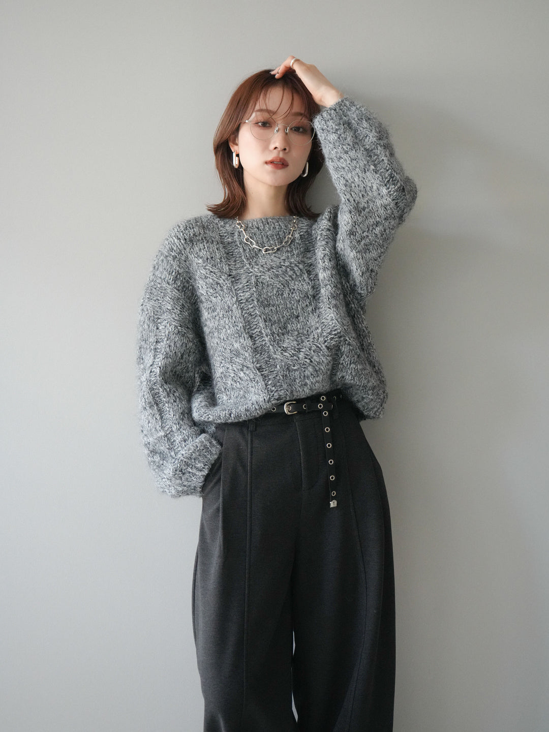 [予約]ワイドケーブルミックスニットプルオーバー/gray