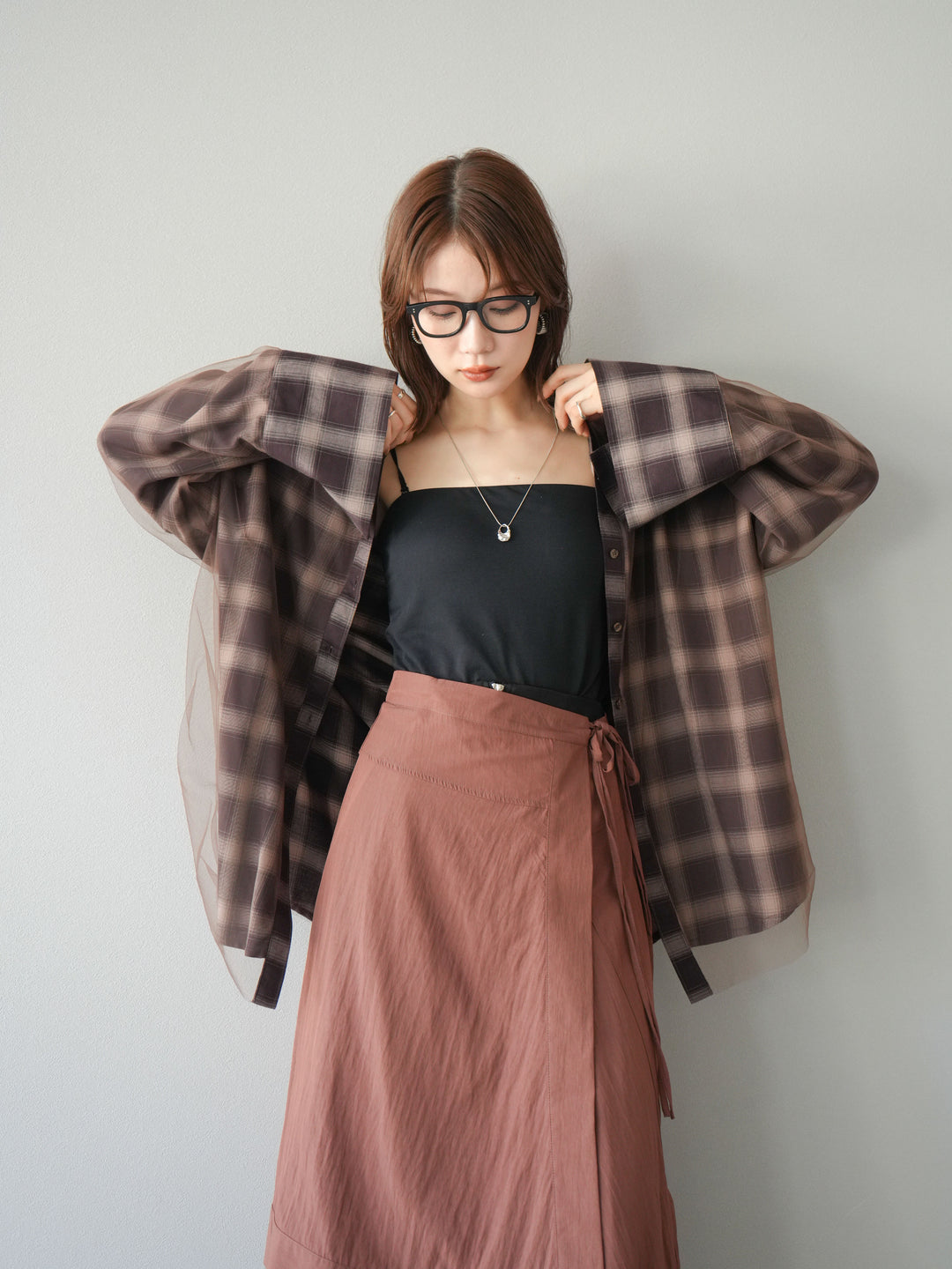 [予約]チュールドッキングチェック柄オーバーサイズシャツ/ブラウン