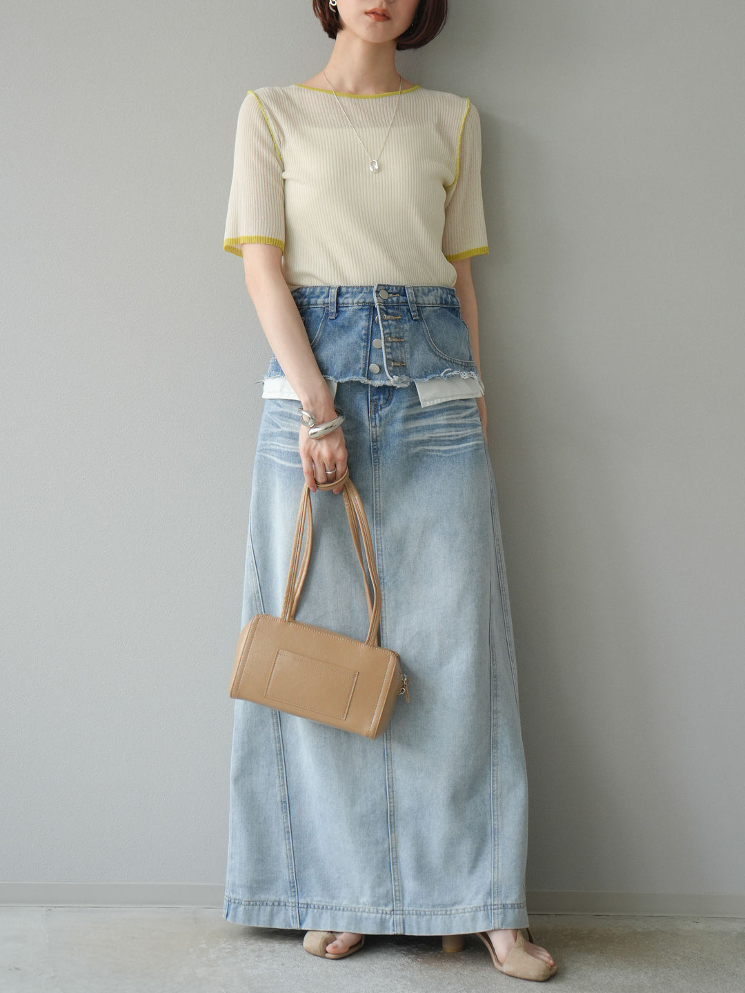 [予約]麻タッチ配色ニットハーフスリーブトップス/アイボリー