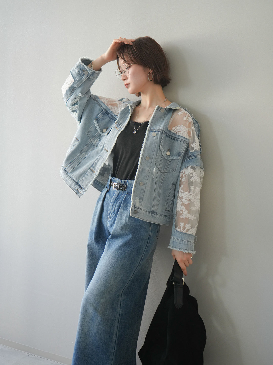 [SET]レース切替デニムジャケット+カップ付リブチュールタンク+タックベルトループデニムパンツ(3set)