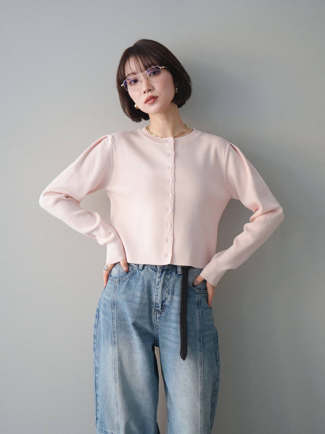 [予約]クリアボタンタックニットカーディガン/pink