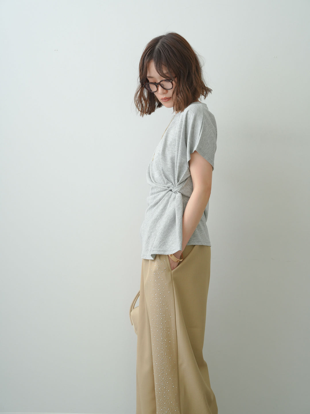 [SET]サイドノットTEE+ポーチベルト付サイドビジュータックワイドパンツ(2set)
