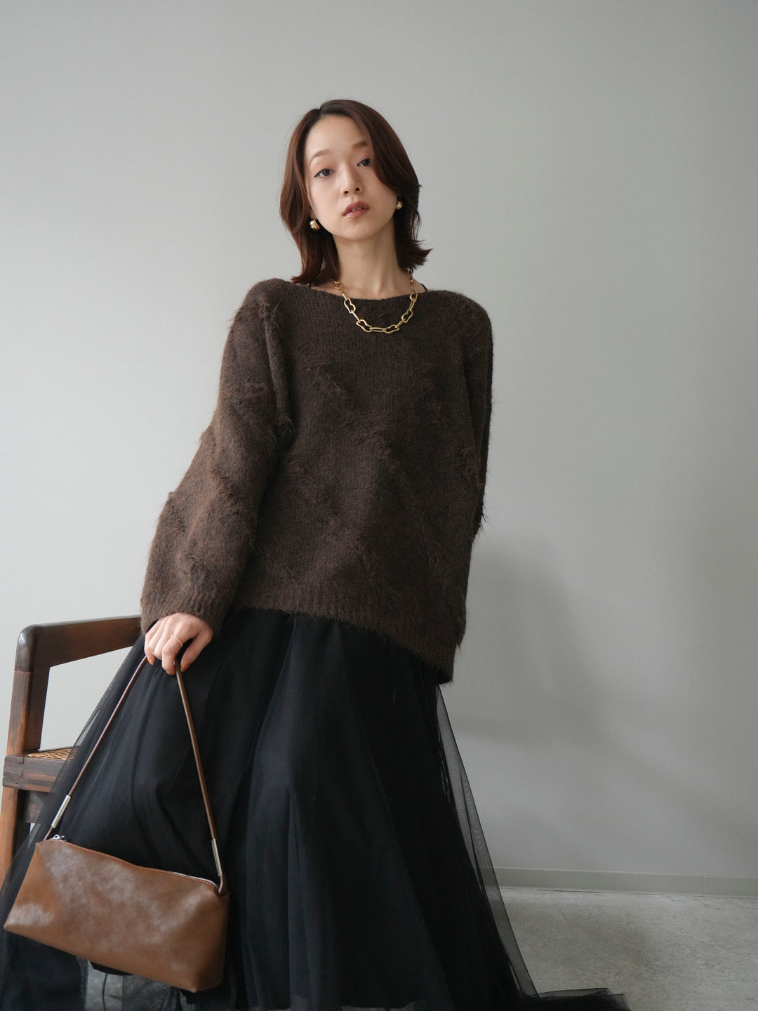 [予約]ブークレラインデザインニットプルオーバー/brown